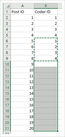 Excel-Tabelle mit Zuordnung Codierer:innen zu Posts